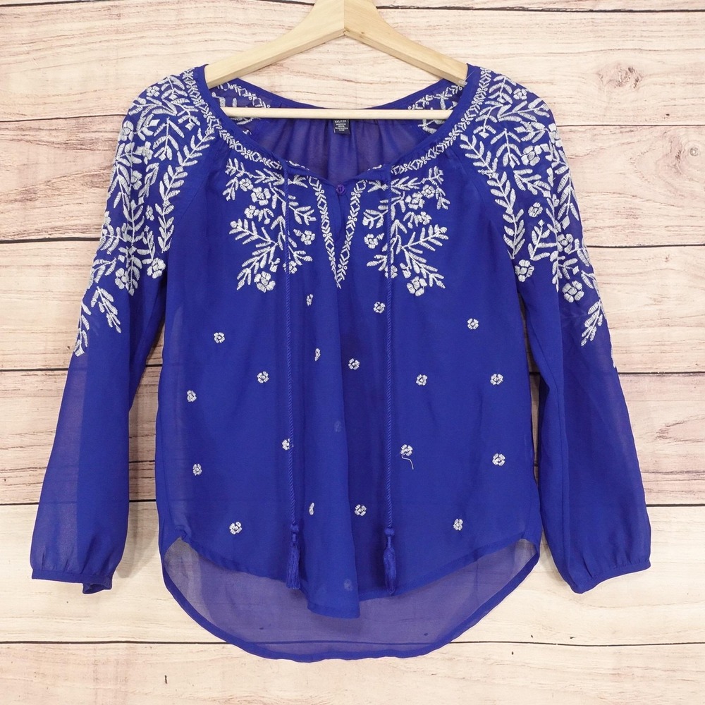 American Eagle Outfitters Blouse Womens XXS Blue Scoop Neck Embroidered Tunic‎